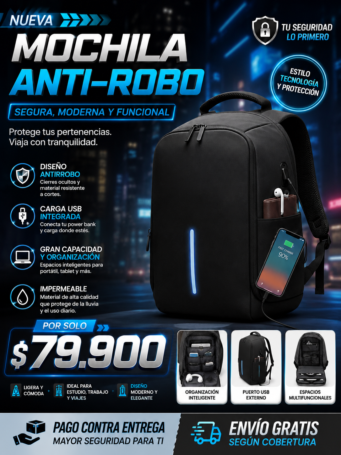 MOCHILA ANTI-ROBO CARGA USB