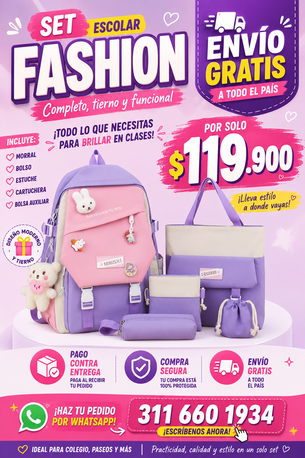 Set Escolar Fashion 5 en 1 con Peluche — Kit Completo